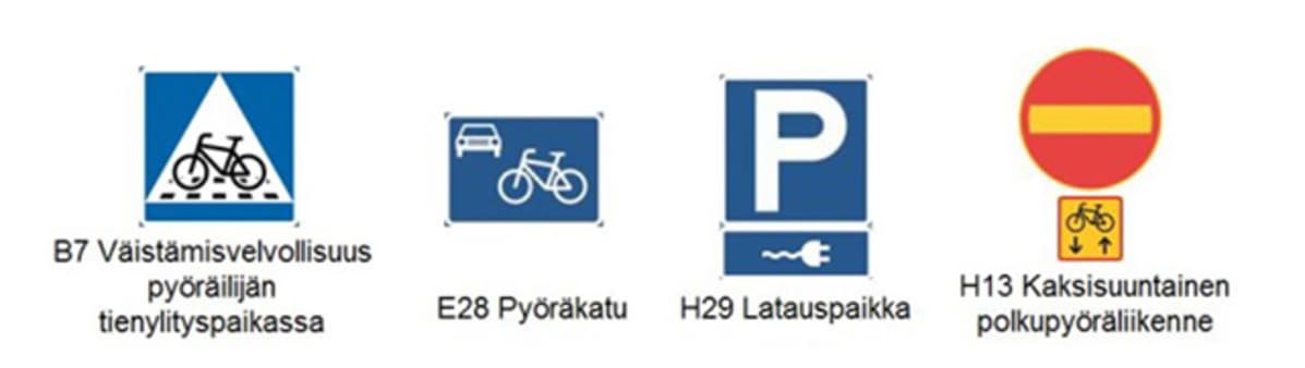 Liikenne- ja viestintäministeriön esittämiä uusia liikennemerkkejä.