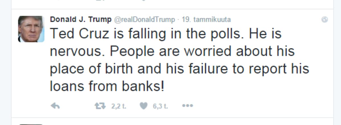 Kuvakaappaus Donald Trumpin Twitter-tilistä.