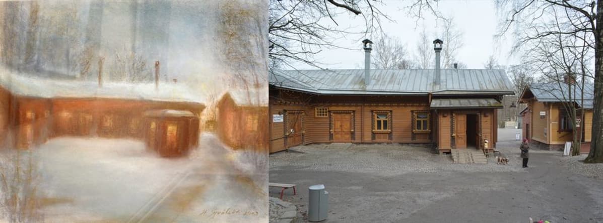 Pastellimaalaus Tampereen Tallipihasta talvella vuodelta 2009 ja valokuva samasta paikasta vuodelta 2015.