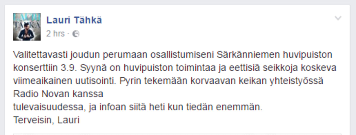 Kuvakaappaus Lauri Tähkän fb-päivityksestä.