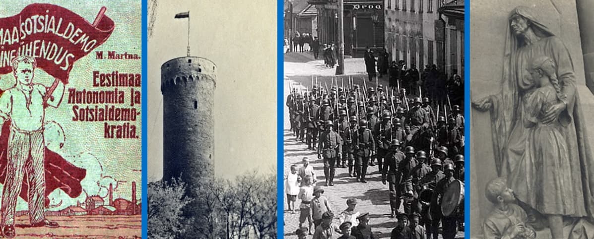 Neljä kuvaa: Viron sosiaalidemokraattien ohjelmalehtinen vuodelta 1917, Viron lippu tornissa, Saksan joukkoja kadulla sekä äiti ja kaksi lasta muistomerkissä.