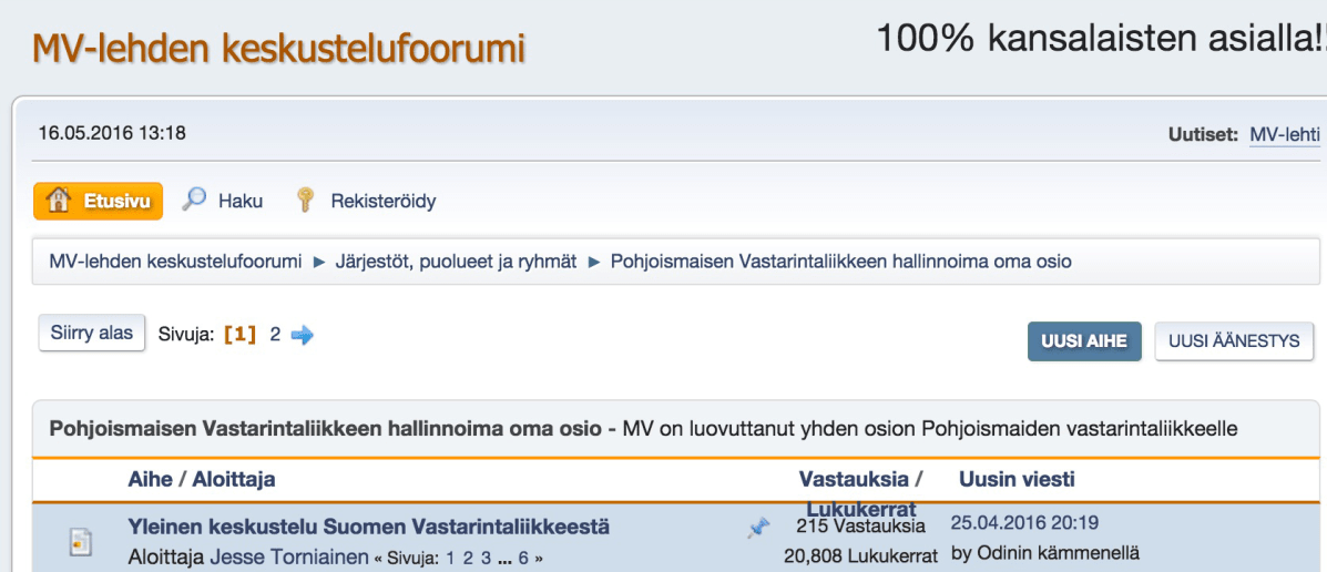 Kuvakaappaus Mv-lehden keskustelufoorumista, joka on omistettu SVL:lle