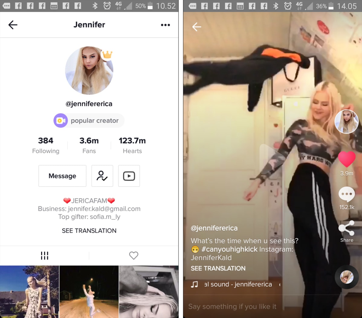 Jennifer Käldin TikTok-tili ja suosituin yksittäinen video, jota on katsottu yli 50 miljoonaa kertaa.