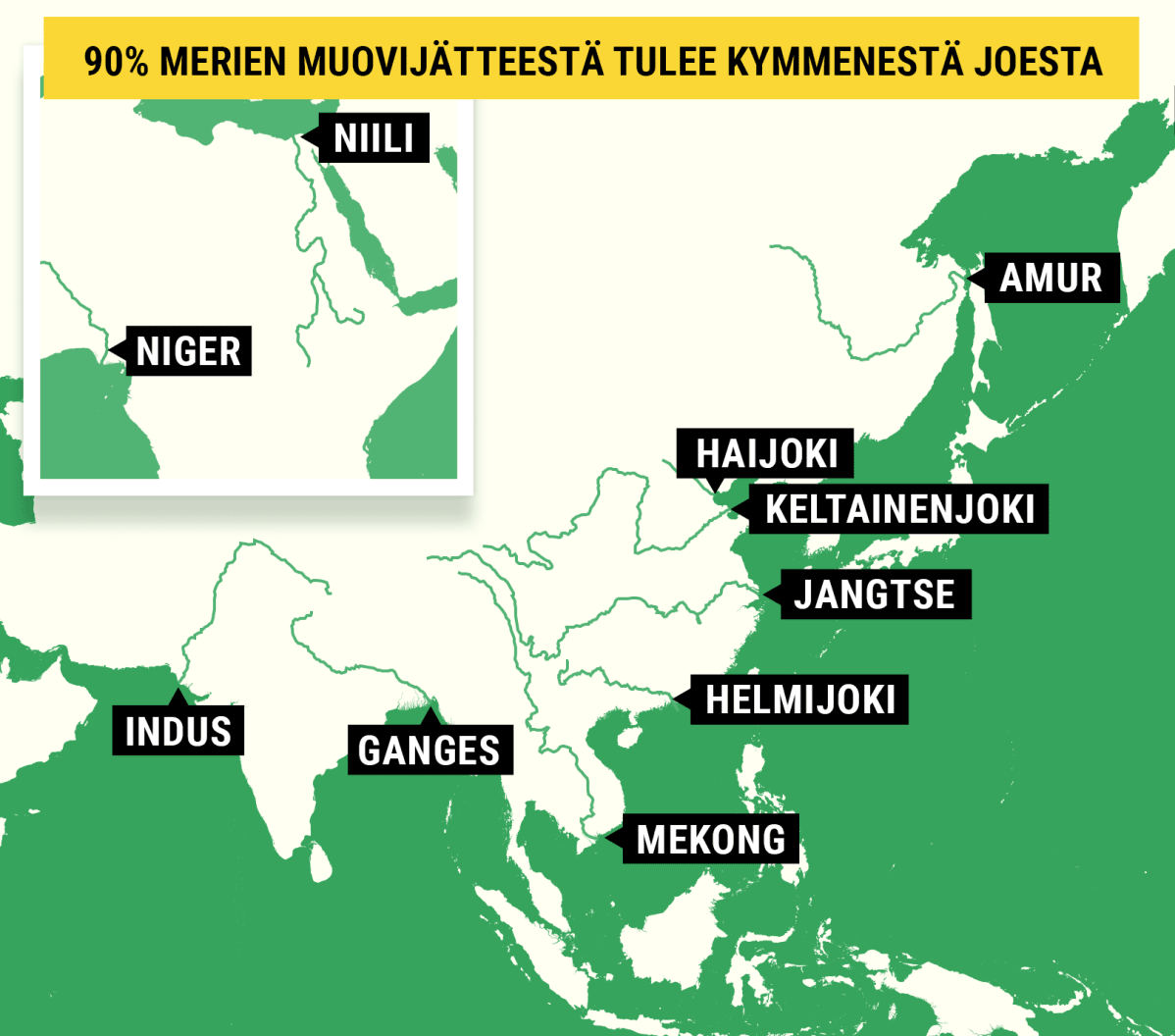 Karttagrafiikka joista jotka tuottavat 90% merten muovijätteestä