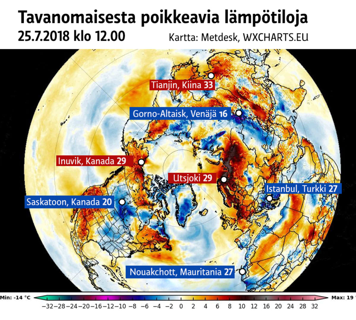 Kartta lämpötilojen poikkeamista maailmalla.