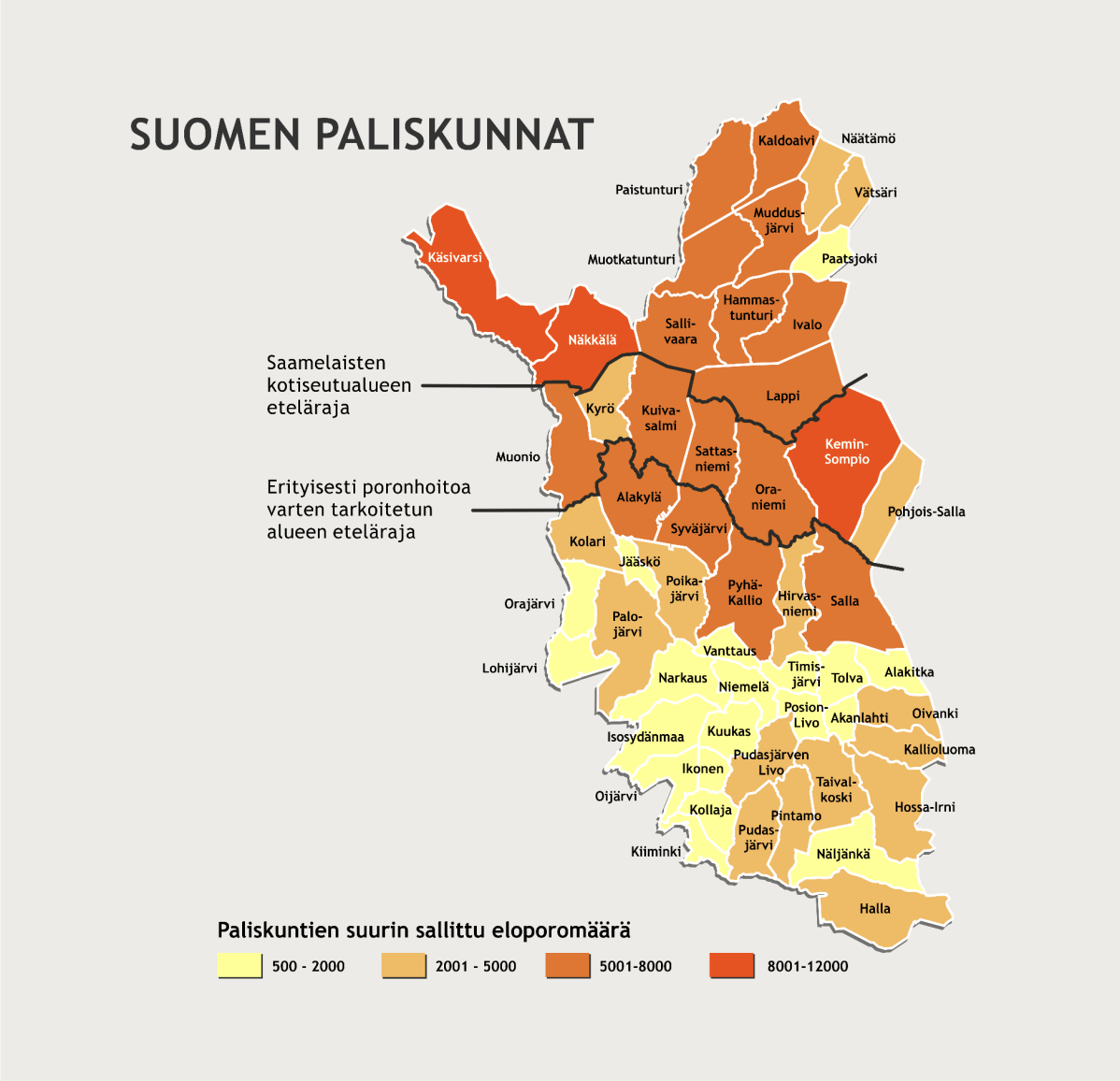 Suomen paliskunnat karttaan merkittyinä.