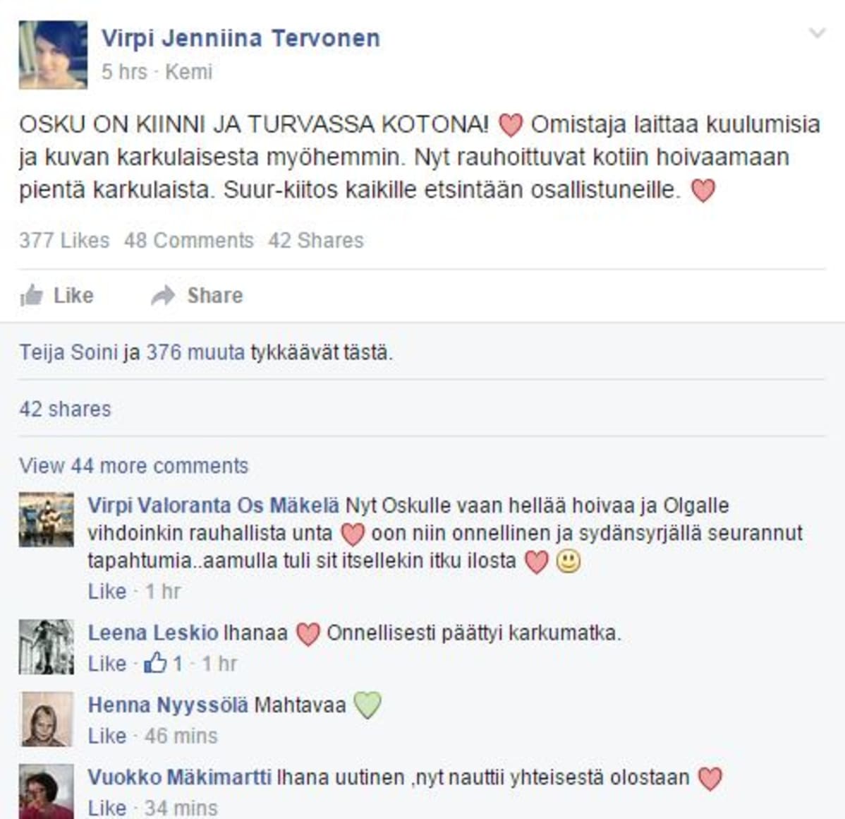 Kiinanharjakoira Osku saatiin turvaan ja löydettiin.