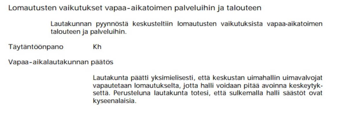 Lomautukset vapaa-aikalautakunnan listalla