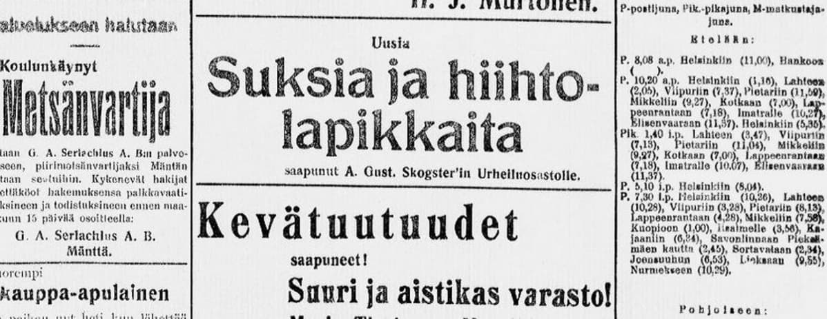 Kuvakaappaus mainoksesta Hämeen Sanomissa 3.3.1917