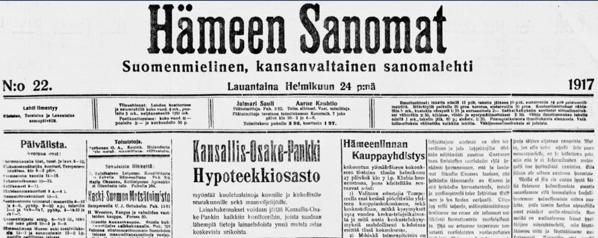 Kuvakaappaus Hämeen Sanomista sadan vuoden takaa