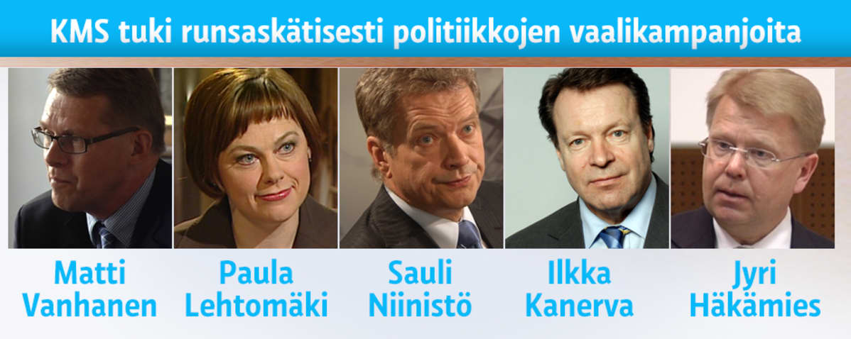 Kehittyvien Maakuntien Suomen tukemia poliitikkoja: Matti Vanhanen, Paula Lehtomäki, Sauli Niinistö, Ilkka Kanerva ja Jyri Häkämies.