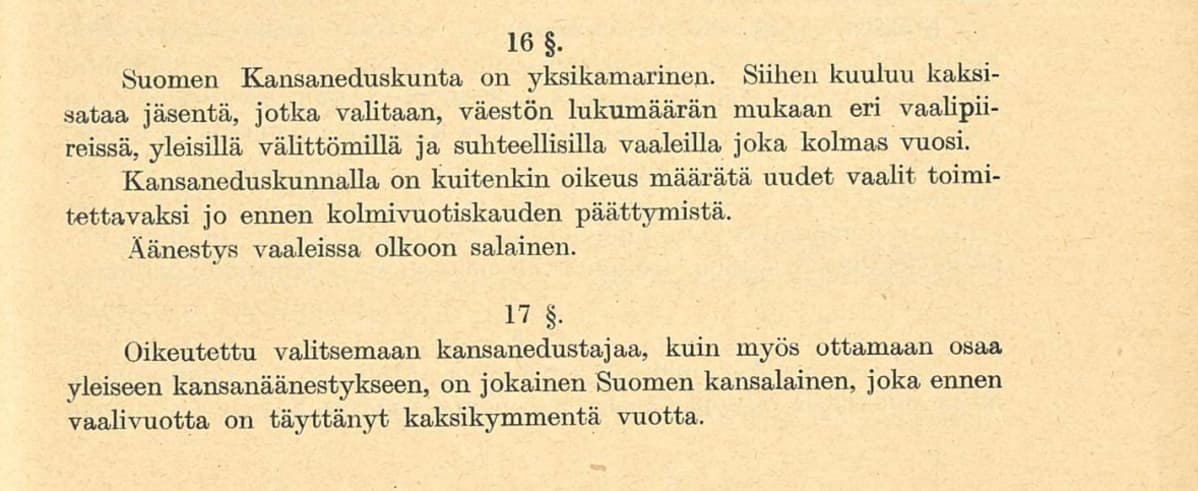 Valtiosääntöehdotus 1918 pykälät 16-17