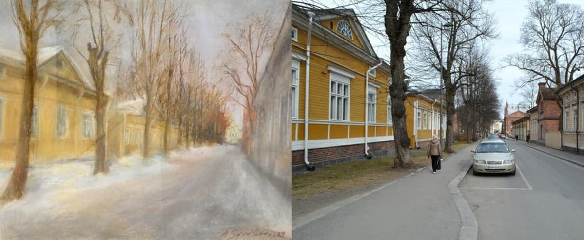 Pastellimaalaus Tampereen Puuvillatehtaankadulta vuodelta 2000 ja valokuva samasta paikasta vuodelta 2015.