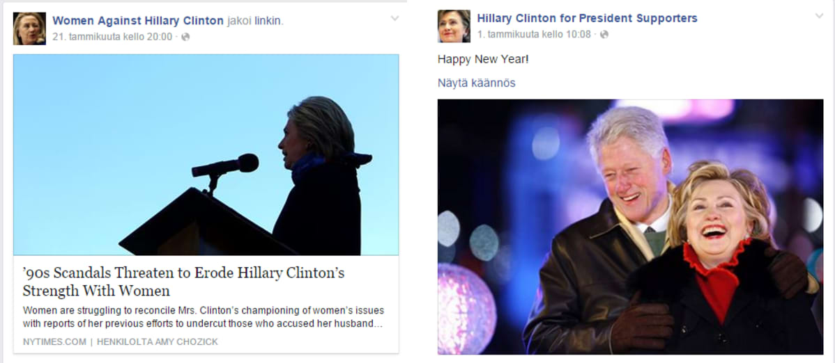 Kuvakaappaus Hillary Clintonin vastustajien ja kannattajien Facebook-sivusta.
