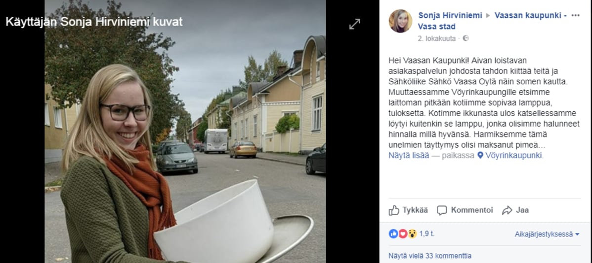 Sonja Hirviniemen Vaasan kaupungin sivuille tekemä facebook-päivitys