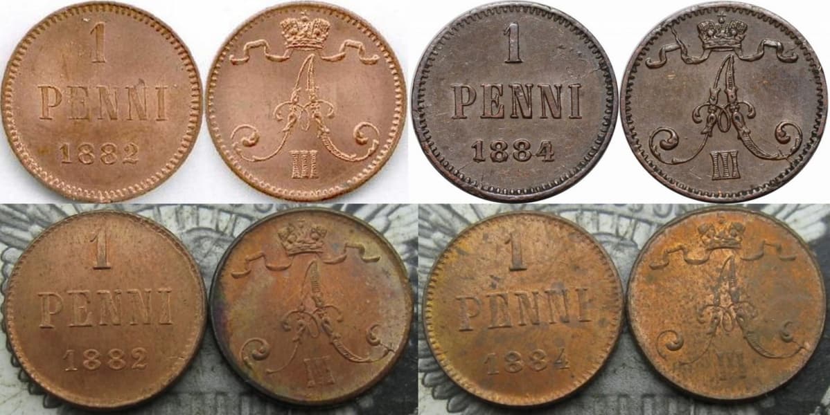 Aitoja ja väärennettyjä kolikoita Suomen vuoden 1882 ja 1884 pennin kolikoista.