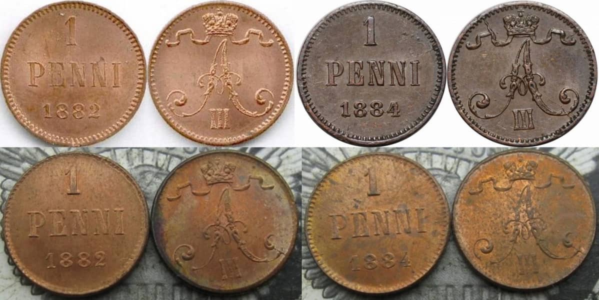 Aitoja ja väärennettyjä kolikoita Suomen vuoden 1882 ja 1884 pennin kolikoista.
