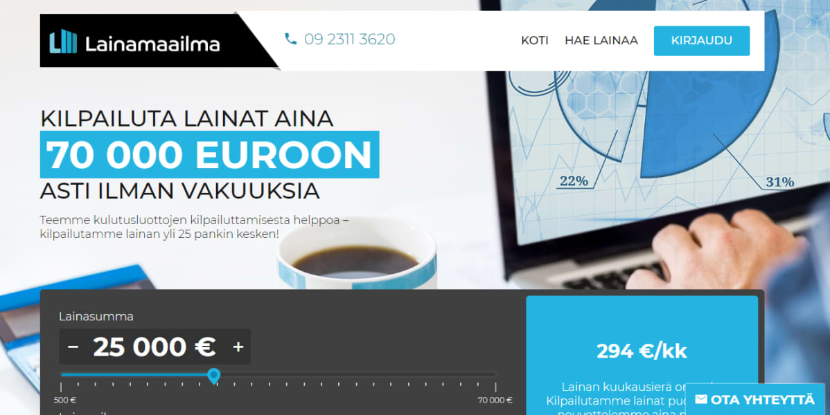 Kuvakaappaus Lainamaailman verkkosivulta.