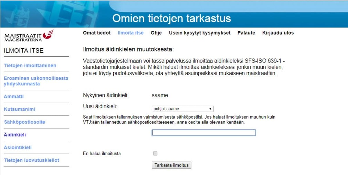 Väestörekisterikeskukseen voi merkitä saamen kielet äidinkielekseen.