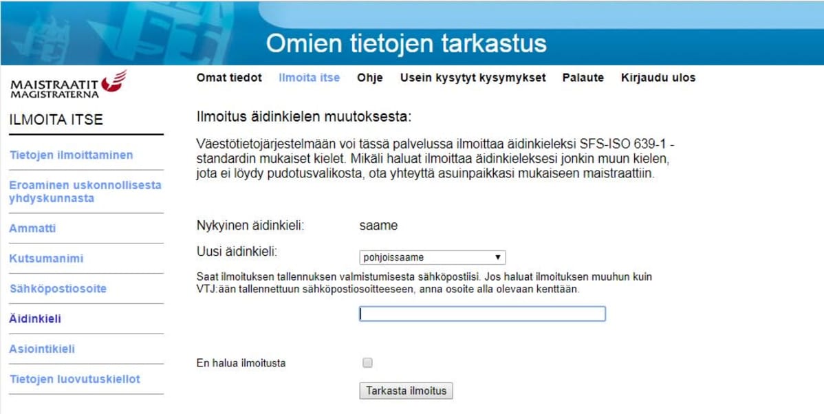 Väestörekisterikeskukseen voi merkitä saamen kielet äidinkielekseen.