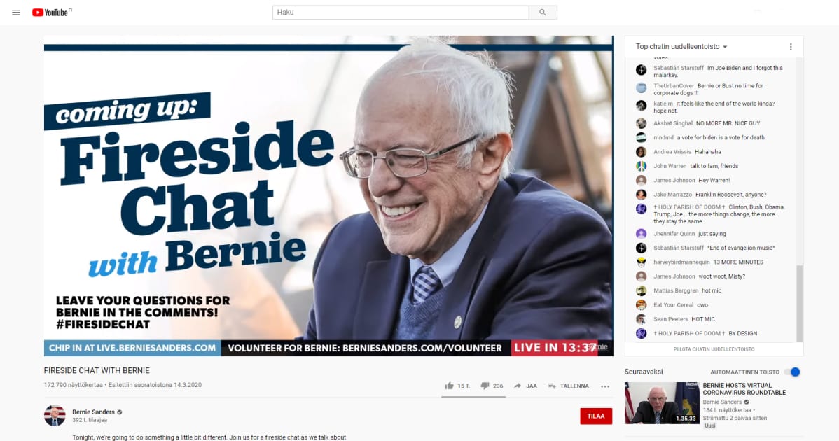 Kuvakaappaus Bernie Sandersin YouTube tililtä.