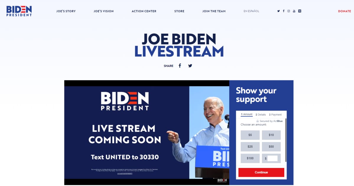 Joe Bidenin nettisivuilta kuvakaappaus.