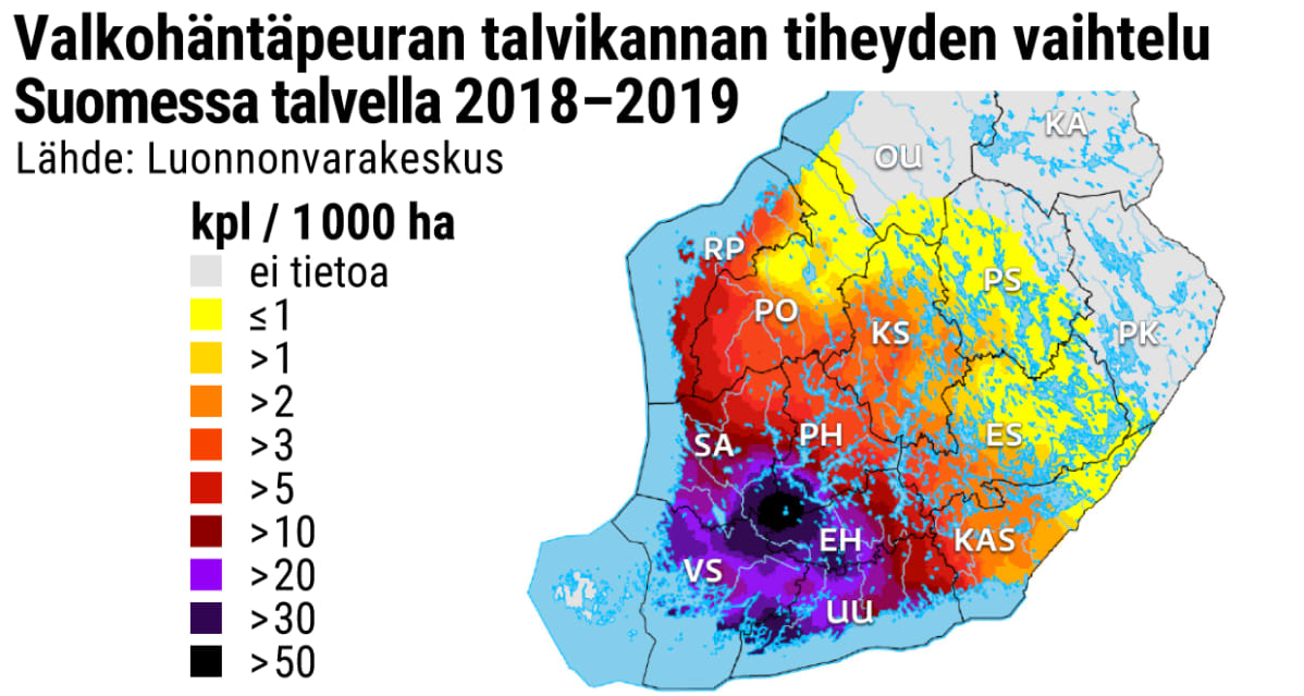 Valkohäntäpeuran talvikannan tiheyden vaihtelu Suomessa talvella 2018–2019