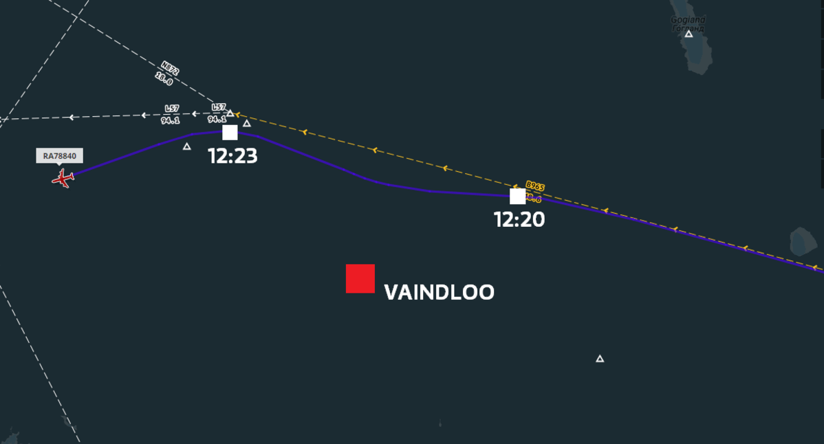 Venäläiskoneen reitti Suomenlahdella.