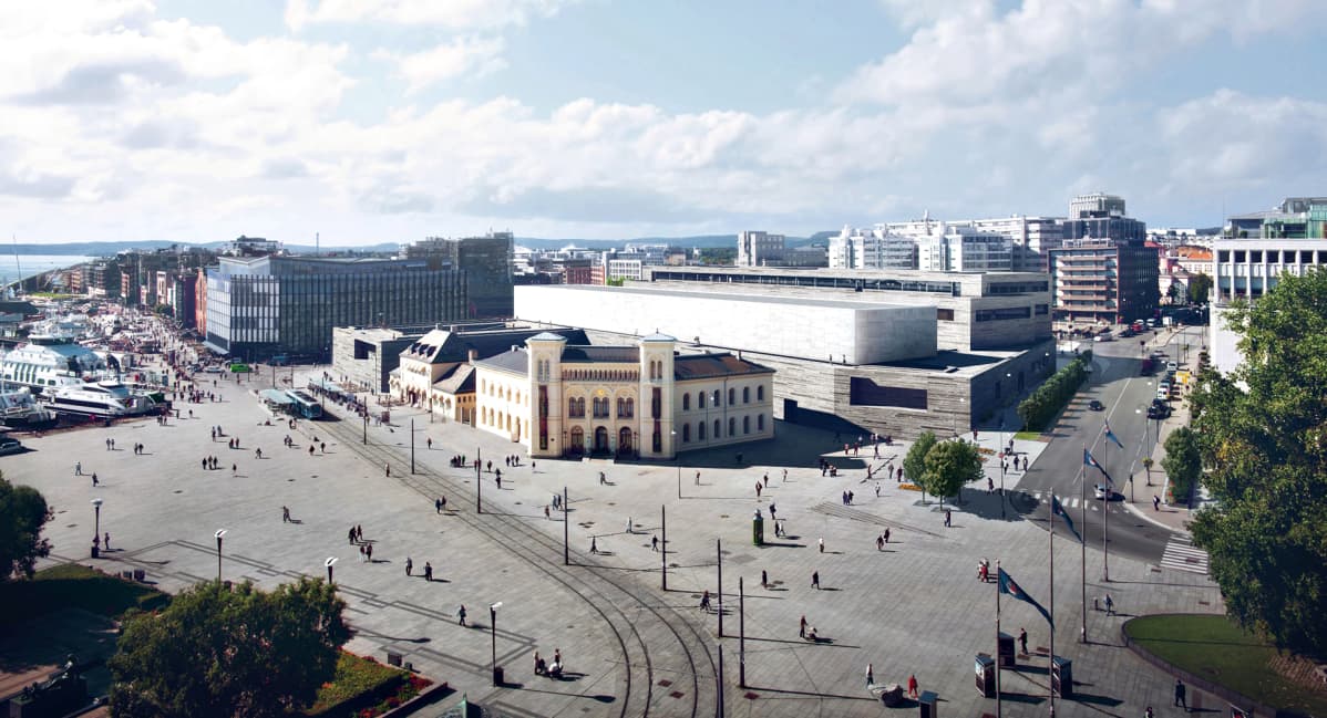 Oslon uusi Kansallismuseo valmiina havainnekuvassa.