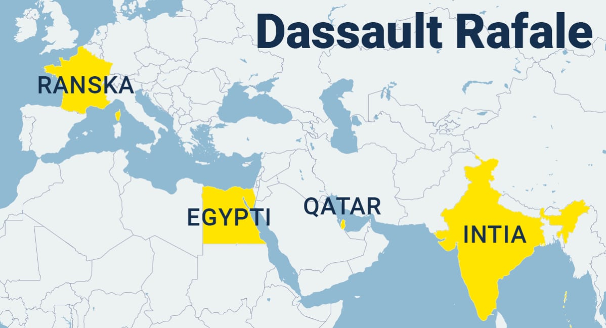 Ranska, Egypti, Qatar ja Intia merkittynä kartalle.
