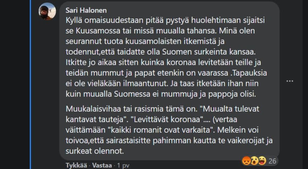 Kuvakaappaus Kuusamossa puhutaan -Facebook-ryhmästä.