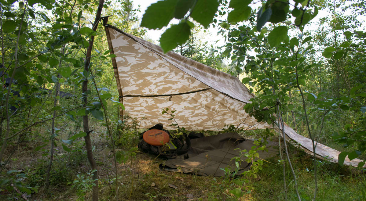 Laavu telttakankaasta kesällä metsässä.