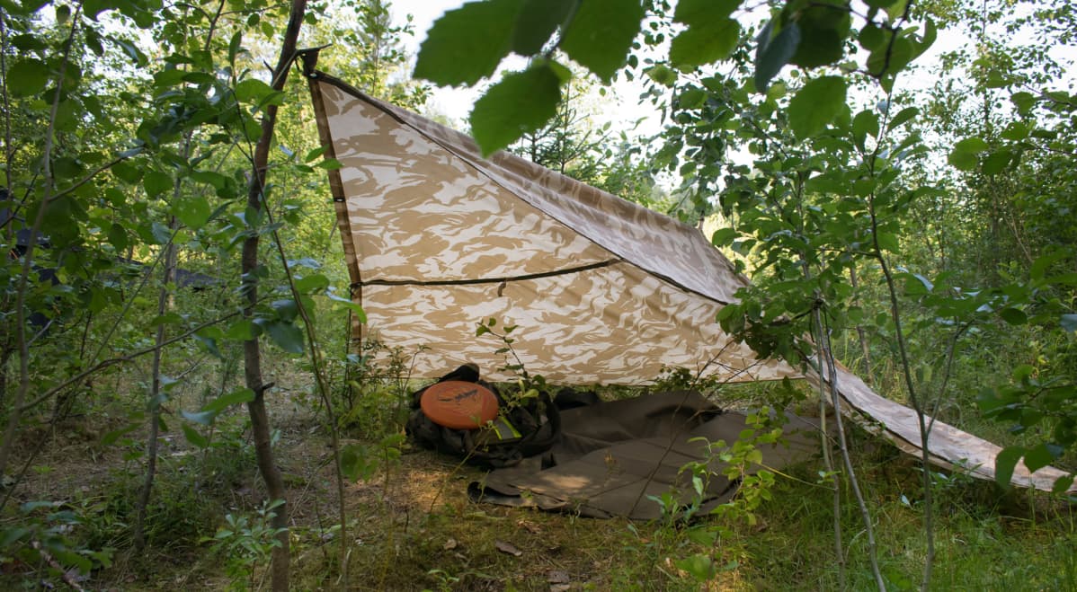 Laavu telttakankaasta kesällä metsässä.