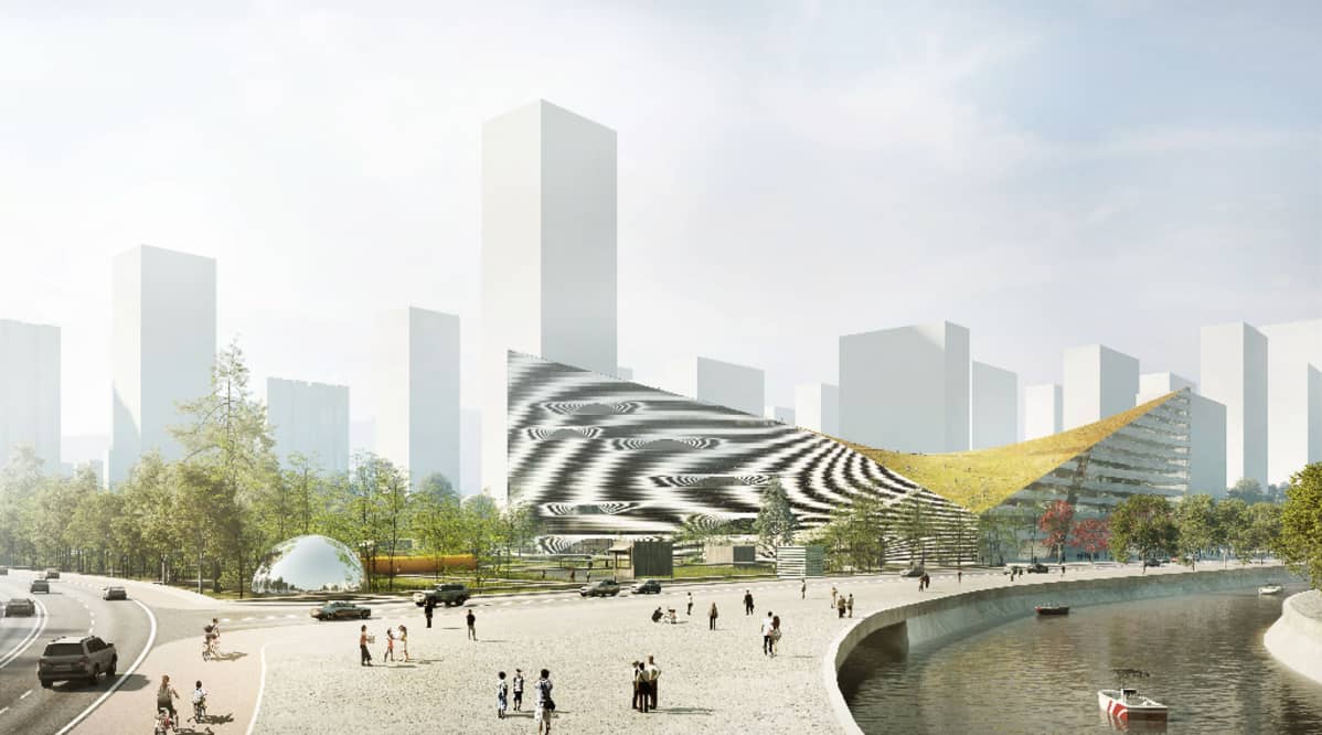 Nanging Sino-Finnish Center Architecture Design Competition -arkkitehtikilpailun ehdotus suomalais-kiinalaiseksi keskukseksi Nangingiin.