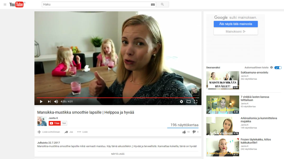 Kuvakaappaus Janita K:n tillltä Youtubesta.