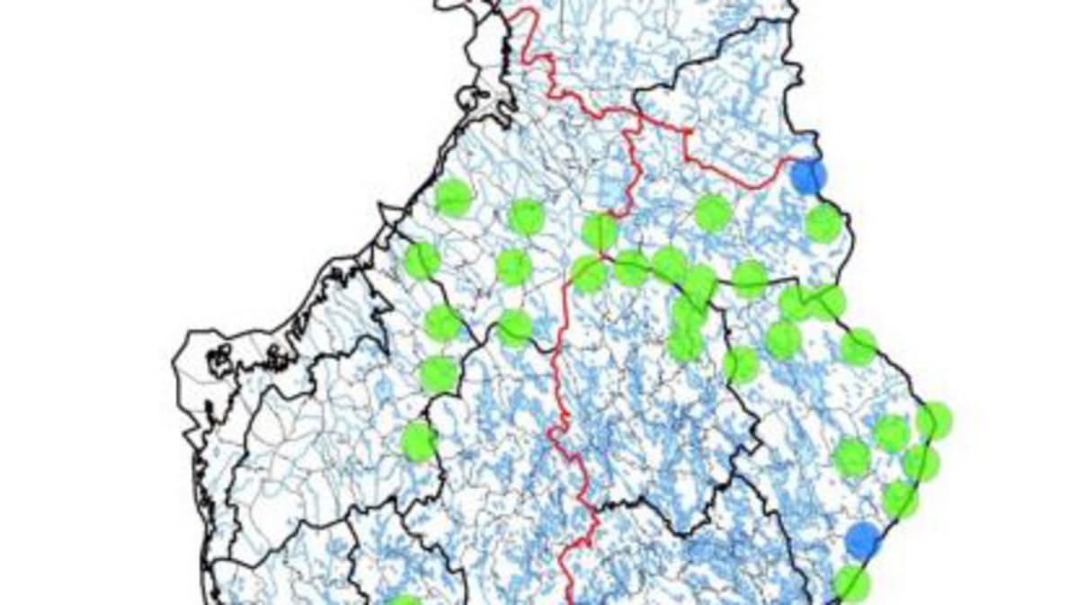 Toinen väliarvio susilaumojen sijainnista joulukuussa 2015. Aluetoimistojen ja riistanhoitoyhdistysten
ilmoittamia laumatietoja verrattiin suurpetohavaintojen sähköisen kirjausjärjestelmän
Tassun materiaaliin (1.8.-7.12.2015, n=619). Laumat jaettiin kahteen ryhmään: suuriin
(siniset pallot, laumassa susia kahdeksan tai enemmän) ja pieniin laumoihin (vihreät pallot,
laumassa enintään seitsämän sutta).