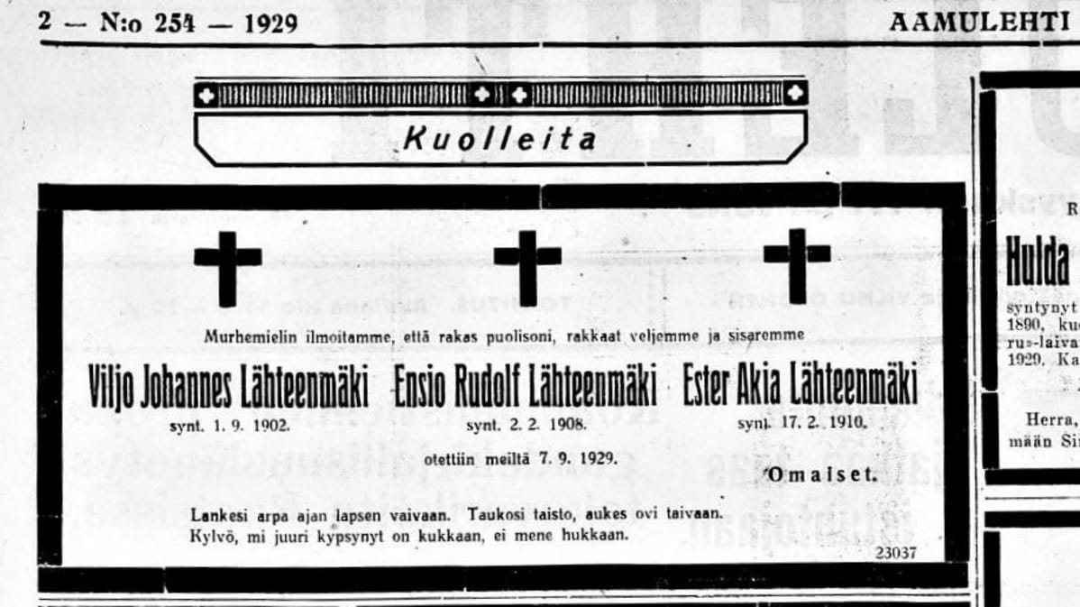 Lähteenmäen sisarusten kuolinilmoitus lehdessä