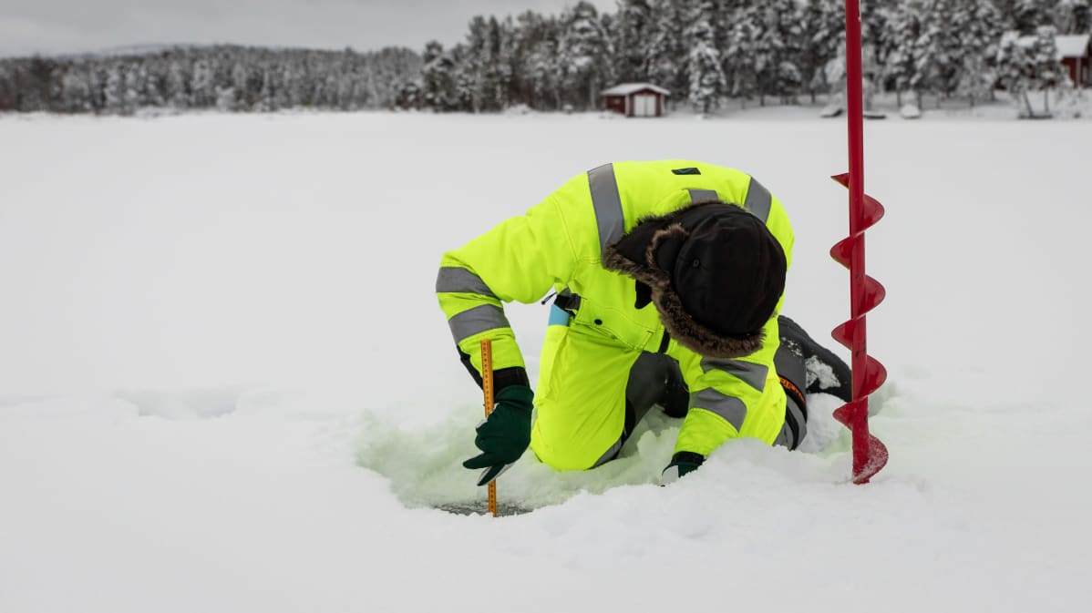 Heimo Pukkila mittaa mittanauhalla tarkasti Inarijärven jäänpaksuutta.