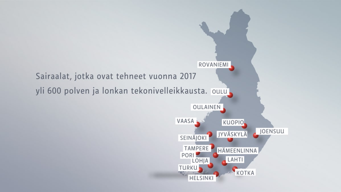 Sairaalat, jotka ovat tehneet vuonna 2017 yli 600 polven ja lonkan tekonivelleikkausta.