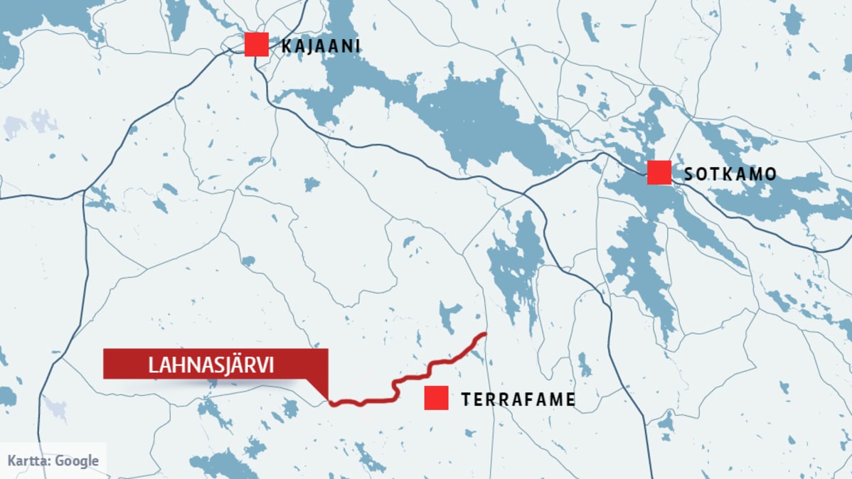Karttagrafiikka Lahnasjärvelle vievästä tiestä.