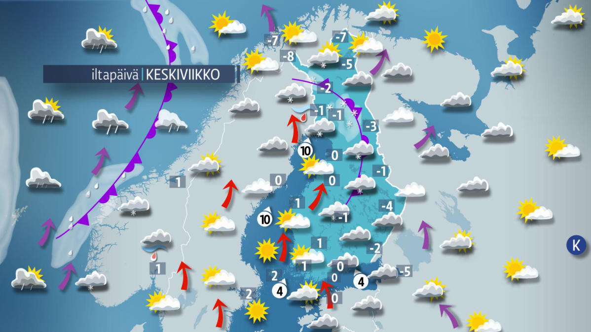 Sääkartta keskiviikolle 14. helmikuuta.