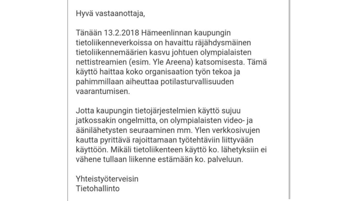 Kuvakaappaus Hämeenlinnan kaupungin viestistä kaupungin työntekijöille.