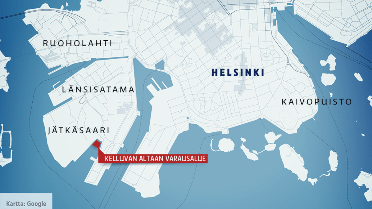 Kartta Etelä-Helsingistä. Kartassa Ruoholahti, Länsisatama, Jätkäsaari ja Kaivopuisto sekä kelluvan altaan varausalue Jätkäsaaren kärjessä.