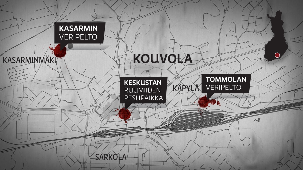 Karttagrafiikka Kouvolan vuoden 1918 tapahtumapaikoista