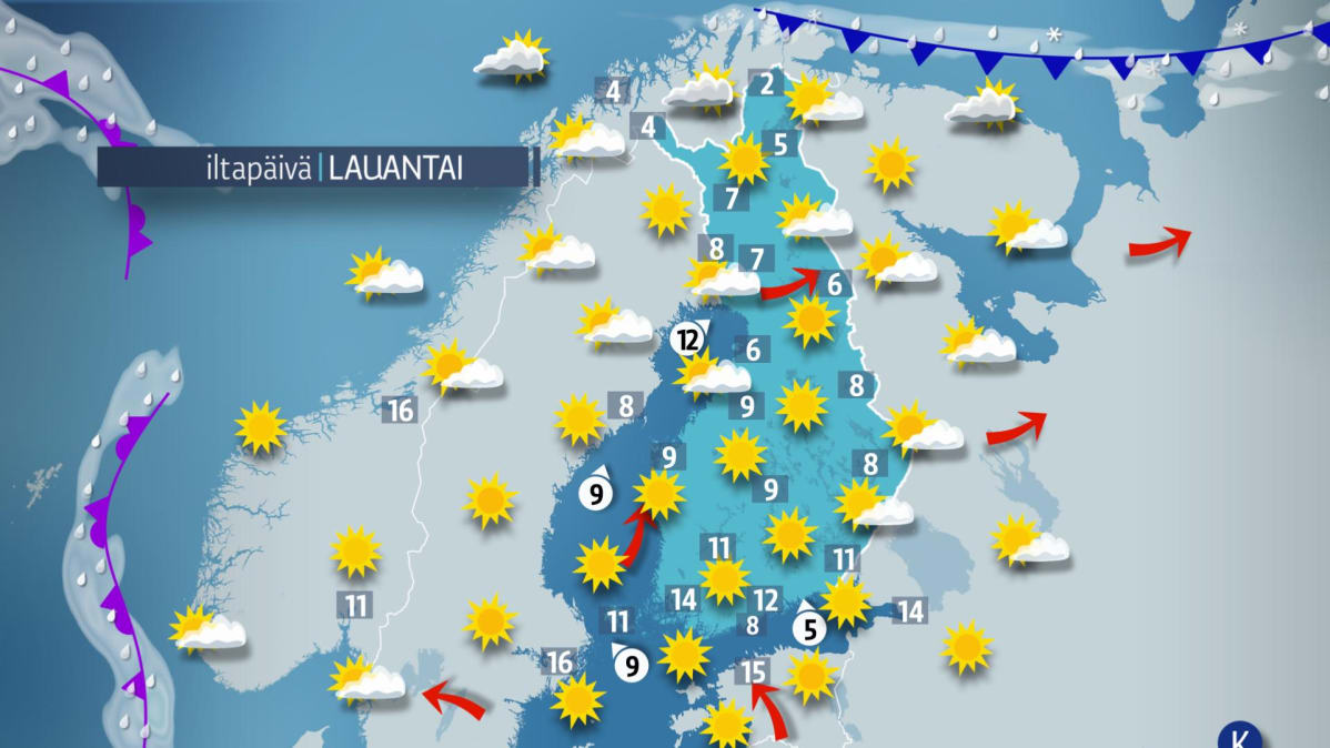 Lauantain sääkartta.
