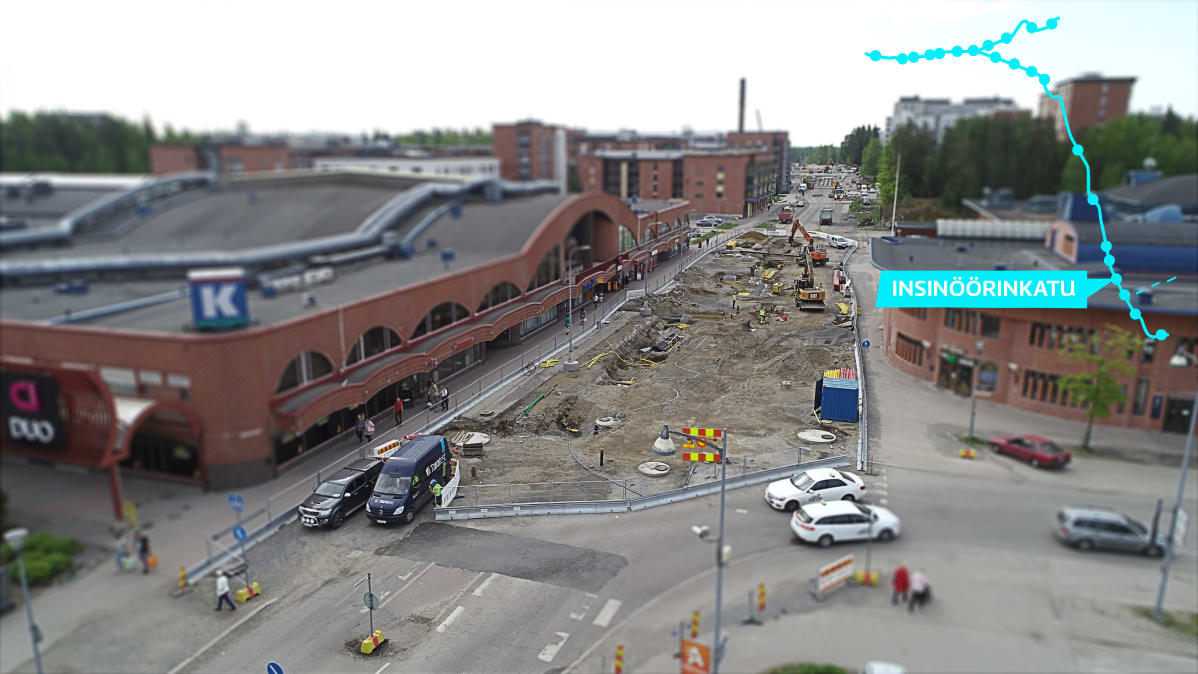 Raitiotien työmaa Hervannan Insinöörinkadulla