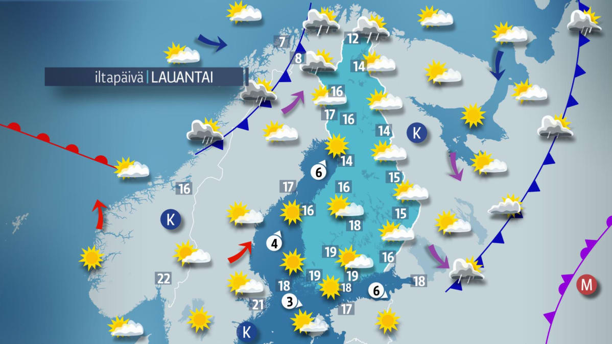 Lauantain sääkartta.