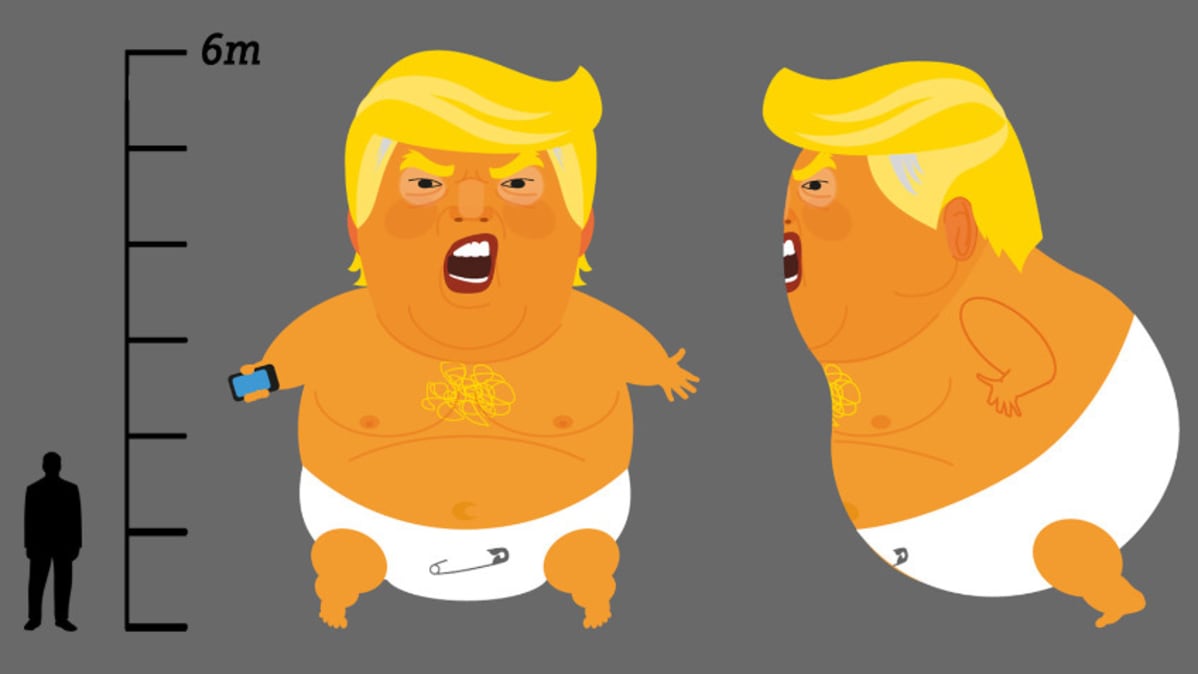 Trump baby -ilmapallo joukkorahoituskampanjan tekemässä havainnekuvassa.