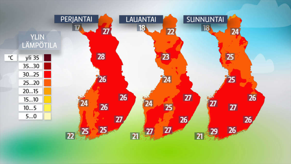 Sääkartat perjantaista sunnuntaihin.