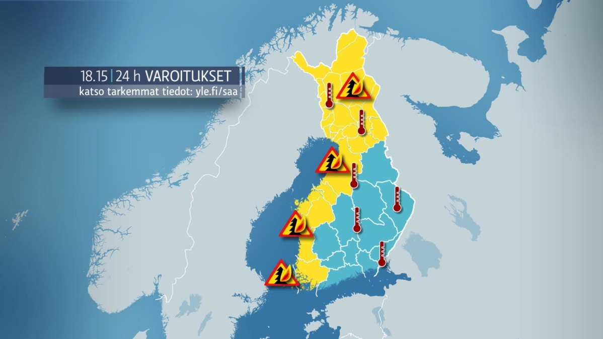 Sääkuva: Säävaroitukset Suomessa. Hellevaroituksia ja metsäpalovaroituksia on annettu monin paikoin.